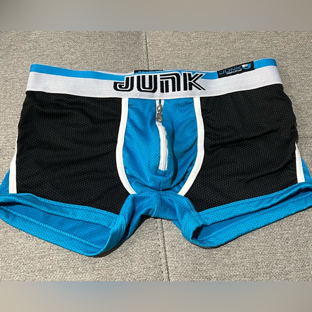 NEW blue trunks with zipper on front